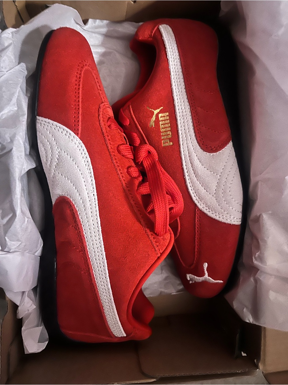Puma Red Suede Sneakers with White Formstrip and Gold Logo